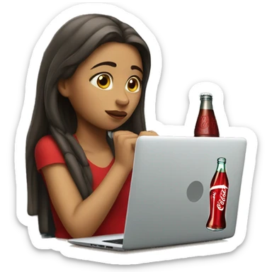 tired girl with laptop drinking coca-cola sticker