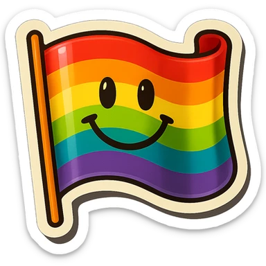 gay pride rainbow flag, waving, with a smiling face, retro sticker style sticker