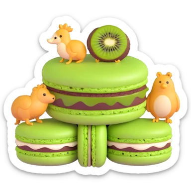 A green macaron with a kiwi slice on top, two animals peeking out, light green background with white stars, detailed texture sticker