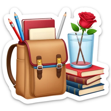 crear una  pizarra grande con libros a un lado, cuadernos, lapices, creyones, un vaso de cristal con rosas rojas, morral, lapto, estilo vector sticker