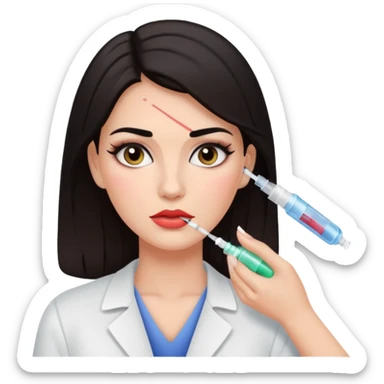 White woman with dark hair and makeup getting an injection on a face sticker