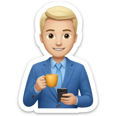 Confident and outgoing male entrepreneur, Caucasian features, blonde hair, big friendly smile, expressive eyes, defined eyebrows, wearing a blue blazer over a light blue shirt, holding a smartphone in one hand and a coffee cup in the other, waist-up, front-facing sticker