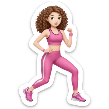 pale white girl with long brown curly hair exercise pink sticker