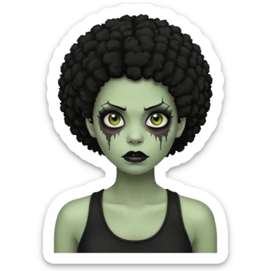 a female zombie with sage green skin, black afro hair, eyelashes and a black tank top sticker