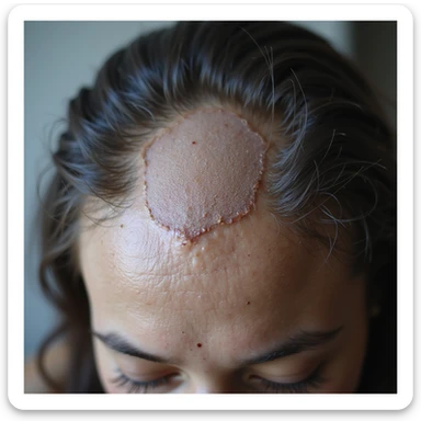 hyperrealistic 4K close-up of a woman's scalp with PCOS showing very evident thinning areas, shiny and visible scalp, sparse and thin hair, with a label next to it reading 'Severe hair loss' in Italian sticker
