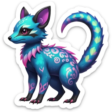 Rare neon iridescent white exotic cute epic aesthetic gothic colorful Salandit-Eevee-Civet-species-Fakemon-hybrid-creature, with intricate tattoo markings, full body sticker