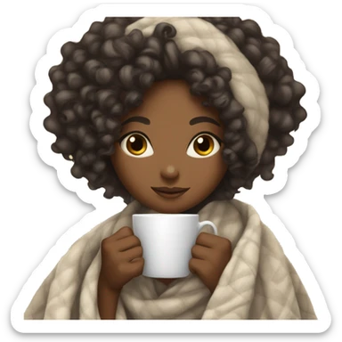 a lightskin black girl with curly hair wrapped in a blanket with a cup of tea sticker