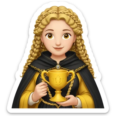 Helga Hufflepuff, 2 curly thick brown braids, yellow-black medieval dress, black cloak decorated with gold braiding, tiny two-handled shiny yellow-gold cup, very kind smile, curvy busty sweet woman, thick rosy cheeks sticker