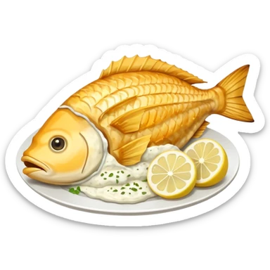 Create a realistic fried fish piece served with sauce & garnish. sticker