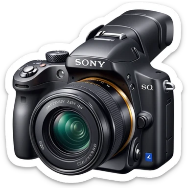 DSLR camera, Sony Alpha DSLR-A230, professional black camera with lens sticker