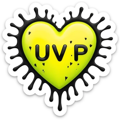 A neon yellow heart with black splashes and The text UVP in the heart sticker