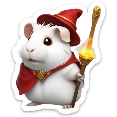 white guinea pig with red eyes wearing wizard clothes and holding a magical staff sticker
