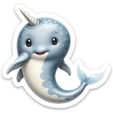 Cinematic Noble Cute Narwhal Portrait Emoji, Poised and graceful, with a streamlined, gently curved body clad in mottled, silvery-gray skin, accented by a long, spiraled ivory tusk and wide, expressive eyes radiating playful intelligence, Simplified yet sharp and sophisticated features, highly detailed, glowing with a cool, frosted ocean glow, high shine, intelligent and enigmatic, stylized with an air of whimsical marine majesty, focused and graceful, soft glowing outline, capturing the essence of a watchful and confident cute narwhal that appears ready to glide out of the screen with effortless charm! sticker