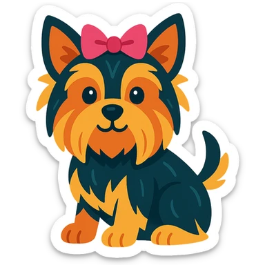 cute yorkshire dog wearing a pink bow, colorful cartoon style sticker