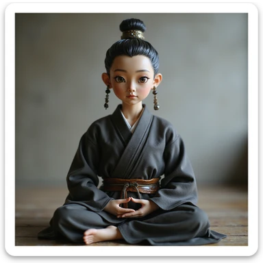 realistic AI chatbot with a meditative, disciplined presence, inspired by samurai and Buddhist philosophy. Calm, focused eyes, subtle traditional attire, peaceful background, aura of wisdom and self-mastery. sticker