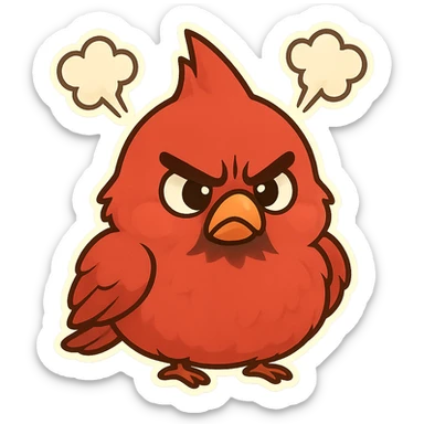 Chibi red male cardinal frowning with puffed cheeks and furrowed brows, steam puffs above head, angry but cute emoji. sticker