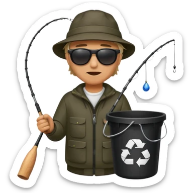 man fishing, caught trash bag on rod sticker