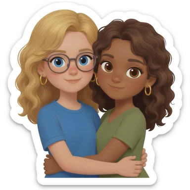 tan girl with blond wavy hair blue eyes no glasses age 10 gold hoop earrings wearing a blue top with an olive skin girl with brown wavy hair  small gold hoop earrings hugging each other sticker