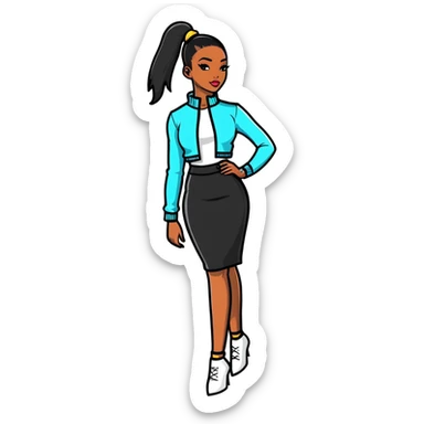 Glamorous African fashion model with tight high ponytail, catwalk pose, trendy designer outfit sticker