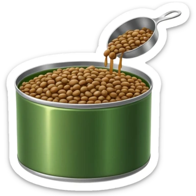tin can opened to reveal glossy brown-green cooked lentils, moist and slightly shiny, soft rounded shapes, some lentils spilling near the edge, no spoon, no label, no garnish, soft lighting, subtle shadows, transparent background, emoji scale sticker