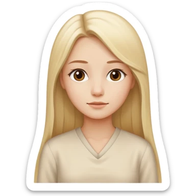 Cewe Kalem Kulit putih halus, rambut blonde panjang lurus rapi, belah samping. Pakai tunic beige terang atau cream soff sticker