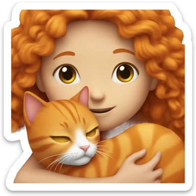 Ginger girl cuddling with at orange cat sticker