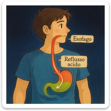 Medical illustration in Italian: stylized man, red esophagus, acid rising from the stomach, labels 'Esofago', 'Stomaco', 'Reflusso acido'. Dark blue background, illustrative style. sticker