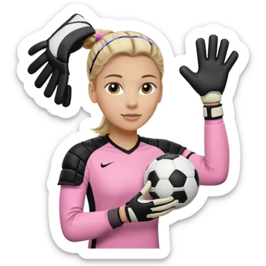 Make a dirty blonde football goalkeeper with goalkeeper gloves on. light skinned and wearing a light pink football kit. Wearing one ponytail on back of head. Make it without the whole body. With full sleeves. No RUGBY BALl.  BLACK AND WHITE BALL.  Holding the ball regularly sticker
