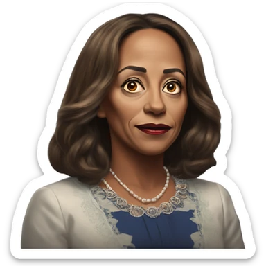 US president Kamala in Elsa style, oil paint, mysterious eyes, intricate lips, masterpiece portrait, odd perspective, beautiful, desirable, logical, midsommar, ikea sticker