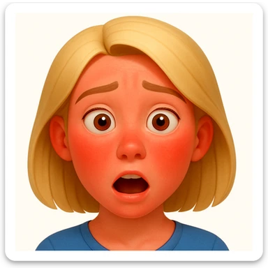 Reduce the intensity of the sunburn on the woman's face so it appears only slightly red with a mild sun-kissed look. Keep the style and expression the same as in the reference image. sticker