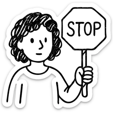 brunette person with curly hair holding a stop sign, hand drawn outlined icon sticker