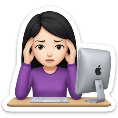 A girl is in front of a computer and is holding her head.The one with black hair sticker