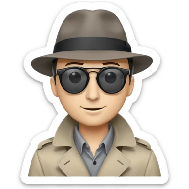 mysterious spy, newspaper up to nose, black sunglasses, hint of smile, dark fedora, gray trench coat, minimal round emoji design, playful secretive mood, plain background sticker