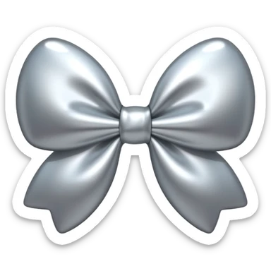 A cute bow emoji made of polished silver chrome, smooth rounded loops, glossy metallic surface, soft mirror reflections, subtle highlights, minimal and adorable proportions, iOS emoji style, centered composition, clean white background, soft studio lighting, no text, no outline, ultra high quality sticker