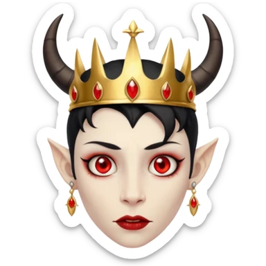 human demon hybrid with red eyes black horns and simple gold grown sticker