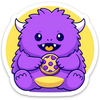 round extra cute purple fluffy monster eating a cookie sticker
