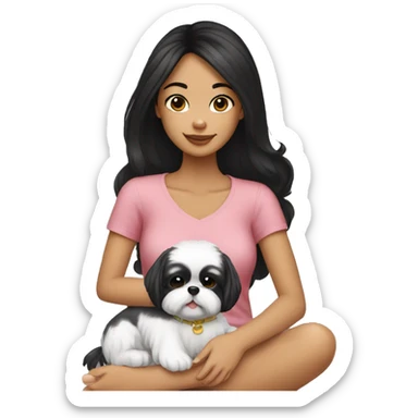  black haired girl holding a shih tzu on her lap sticker