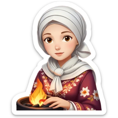A woman dressed in a beautiful floral traditional outfit with a delicate white headscarf sits by a fire at night. The warm glow of the flames highlights her radiant features, giving the scene a soft, serene, and intimate feel. sticker