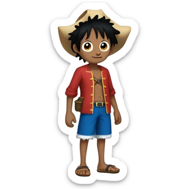 A boy named Luffy is a pirate with black hair red jacket with no shirt underneath with sandals and blue shorts sticker