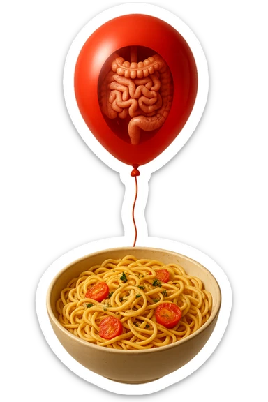 bowl di pasta fluttua in aria insieme ad un palloncino rosso con all'interno un intestino umano anatomico realistico, iperrealistico 4k sticker