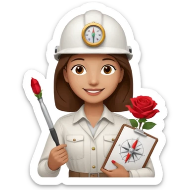Architect with dark brown eyes, brown eyelashes, shoulder-length brown hair, smiling, white helmet, drawing compass, and rose. sticker