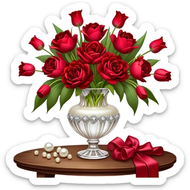"A romantic still life of a crystal-clear red glass vase brimming with a lavish mix of scarlet roses, tulips, peonies, and silk-like pansies, with pearl-hued ribbons cascading gracefully over a vintage wooden table."
 sticker