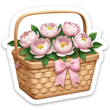 White Picnic basket with light pink bow and white peonies inside sticker