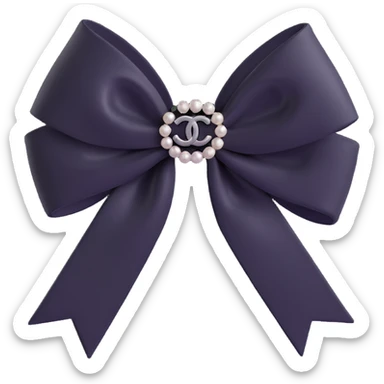 Change the bow to a velvet bow, keep pearls and silver Chanel logo, elegant, glossy, black and white, 3D emoji style. sticker
