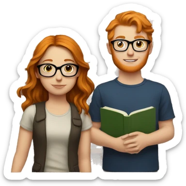 a ginger girl and a brunette boy, both with glasses. they have books in front of them, learn sticker