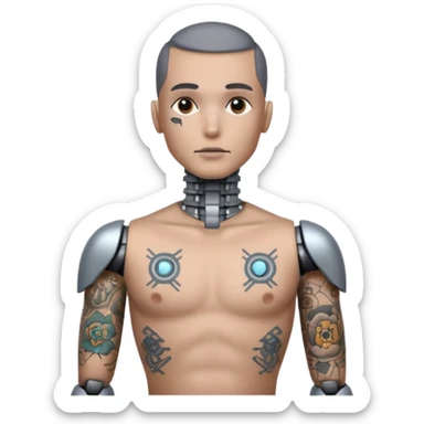 gray Tatooed robot, big many tatooes on chest, neck and face sticker