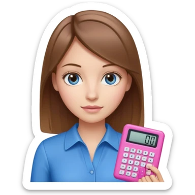 female with straight brown hair with blonde highlights and blue eyes holding a pink calculator sticker