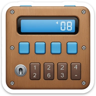 wooden rectangle keypad with a blue small screen and a door holder sticker