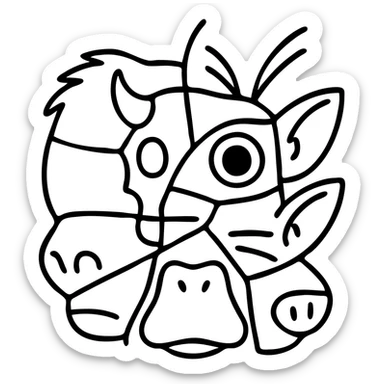 a red fragmented collage of different creature face parts with clear dividing lines between pieces: stoat fur section, minotaur skull section with horn, frog eye section, elf ear section, moth antenna section, cat whisker section, platypus bill section, and capybara nose section, arranged irregularly like a cubist painting with deliberate line splits, weathered appearance sticker