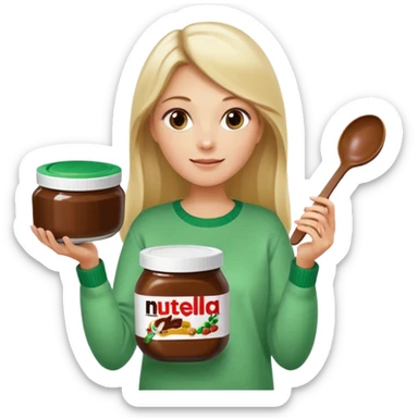 Blond woman with white and green pullover holds in one hand a big carriage of Nutella and in the other hand a oversized spoon which is in the carriage of Nutella. Her hair is long. And the Nutella jar is very big sticker